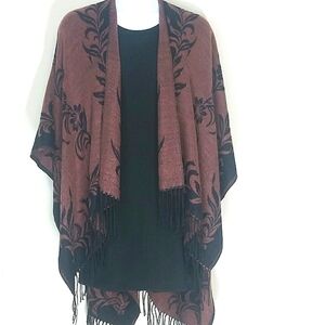 Ruana Shawl Wrap Red Black Fringe Floral Boho Blanket Scarf Kimono Style